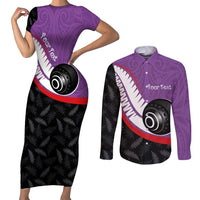 Personalised Aotearoa Lawn Bowls Couples Matching Short Sleeve Bodycon Dress and Long Sleeve Button Shirt Maori and Silver Fern Sporty Style Purple Color LT03 Purple - Polynesian Pride