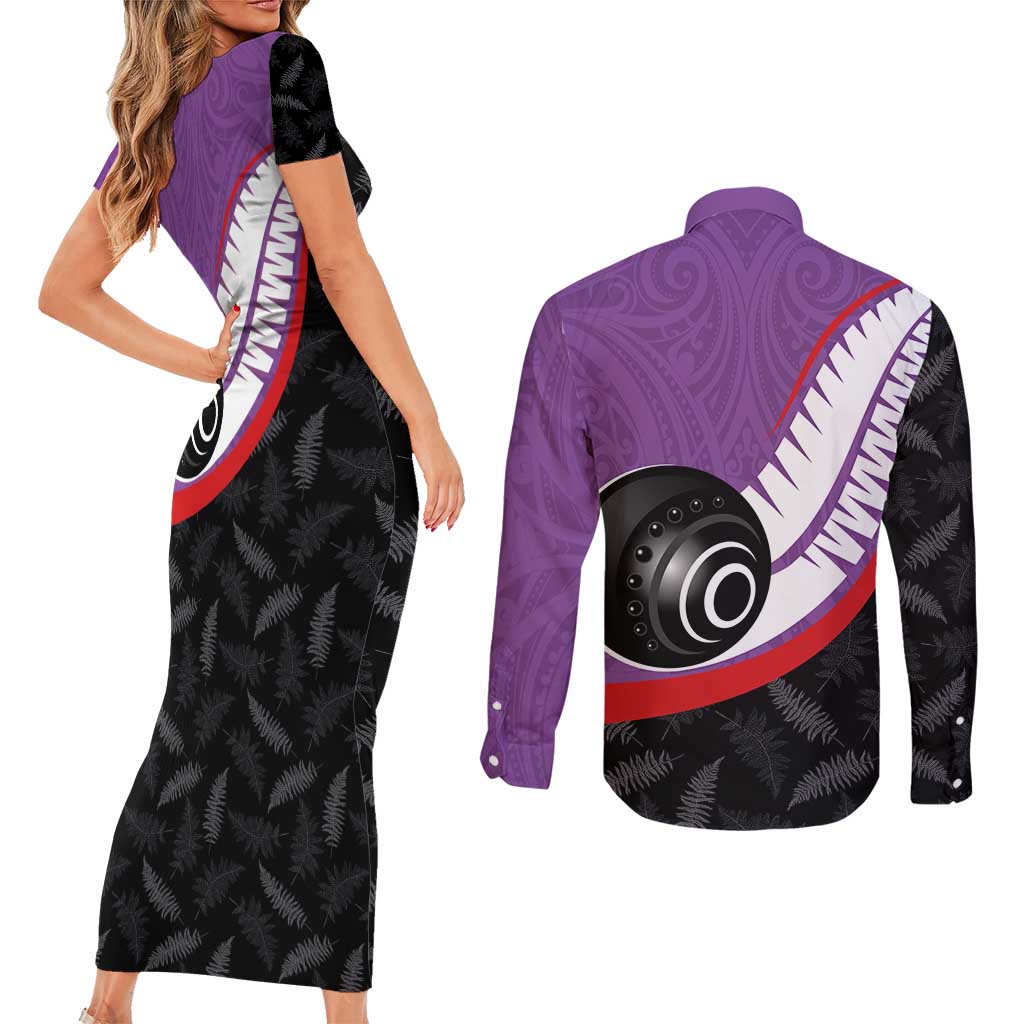 Personalised Aotearoa Lawn Bowls Couples Matching Short Sleeve Bodycon Dress and Long Sleeve Button Shirt Maori and Silver Fern Sporty Style Purple Color LT03 - Polynesian Pride