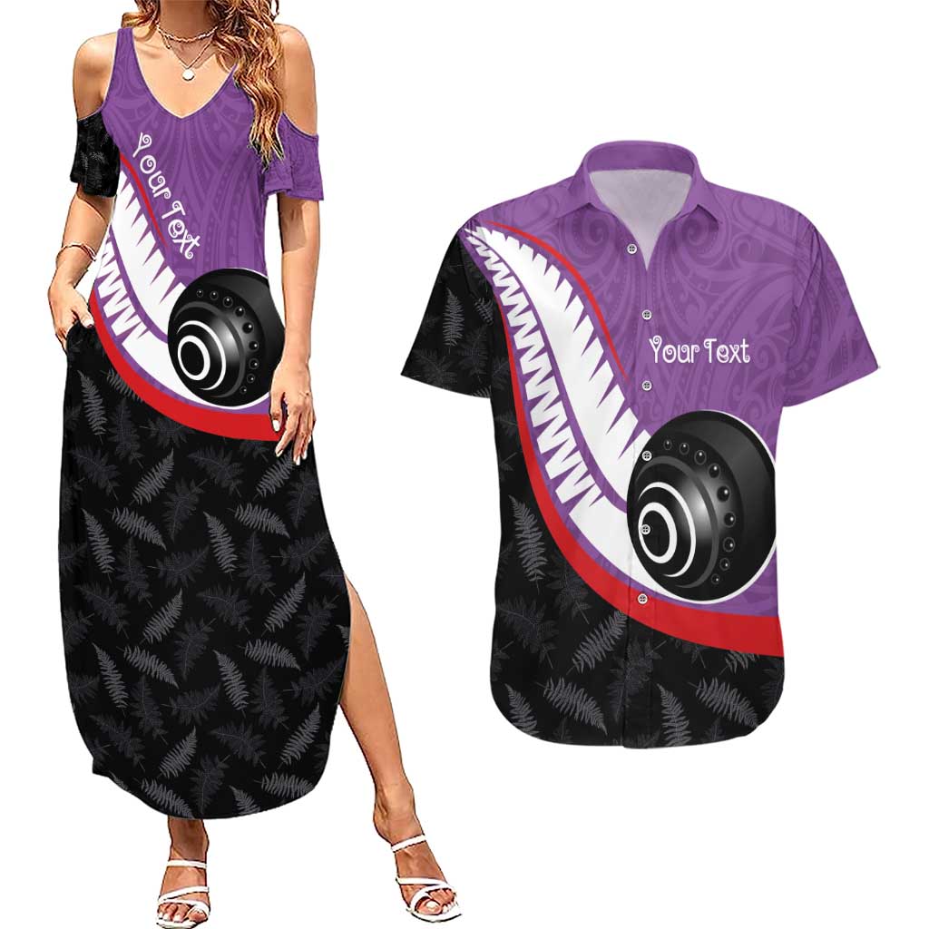 Personalised Aotearoa Lawn Bowls Couples Matching Summer Maxi Dress and Hawaiian Shirt Maori and Silver Fern Sporty Style Purple Color LT03 Purple - Polynesian Pride