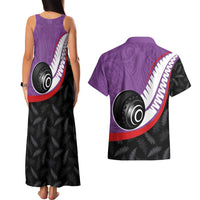Personalised Aotearoa Lawn Bowls Couples Matching Tank Maxi Dress and Hawaiian Shirt Maori and Silver Fern Sporty Style Purple Color LT03 - Polynesian Pride