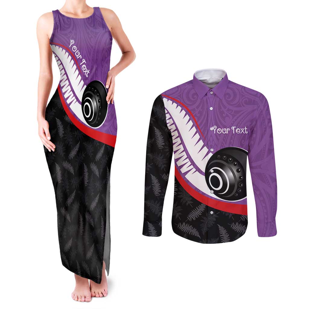 Personalised Aotearoa Lawn Bowls Couples Matching Tank Maxi Dress and Long Sleeve Button Shirt Maori and Silver Fern Sporty Style Purple Color LT03 Purple - Polynesian Pride