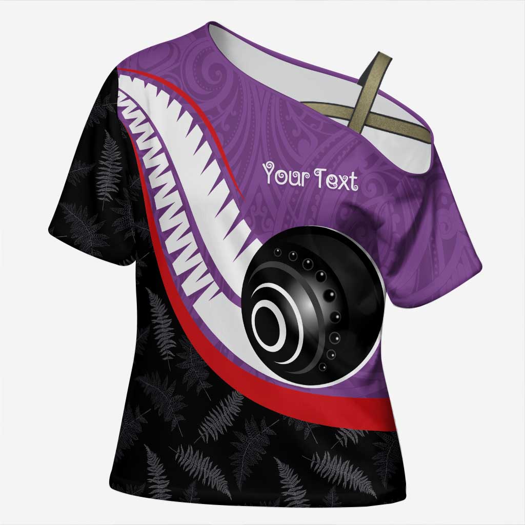 Personalised Aotearoa Lawn Bowls Cross Shoulder Shirt Maori and Silver Fern Sporty Style Purple Color - Polynesian Pride