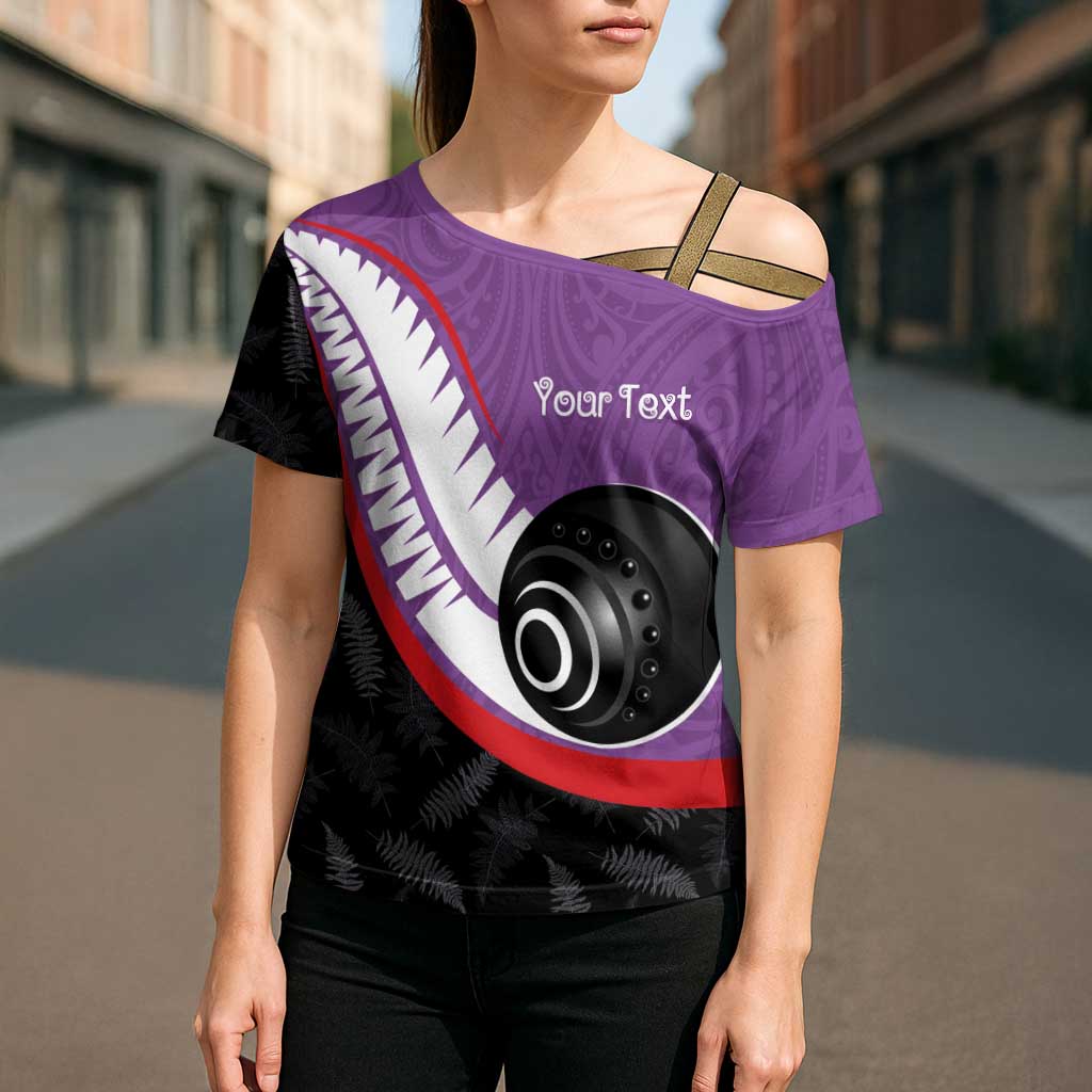 Personalised Aotearoa Lawn Bowls Cross Shoulder Shirt Maori and Silver Fern Sporty Style Purple Color LT03 - Polynesian Pride