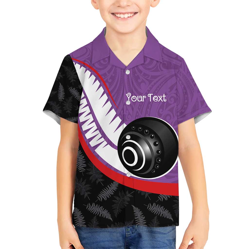 Personalised Aotearoa Lawn Bowls Family Matching Long Sleeve Bodycon Dress and Hawaiian Shirt Maori and Silver Fern Sporty Style Purple Color LT03 Son's Shirt Purple - Polynesian Pride