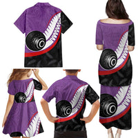 Personalised Aotearoa Lawn Bowls Family Matching Puletasi and Hawaiian Shirt Maori and Silver Fern Sporty Style Purple Color LT03 - Polynesian Pride
