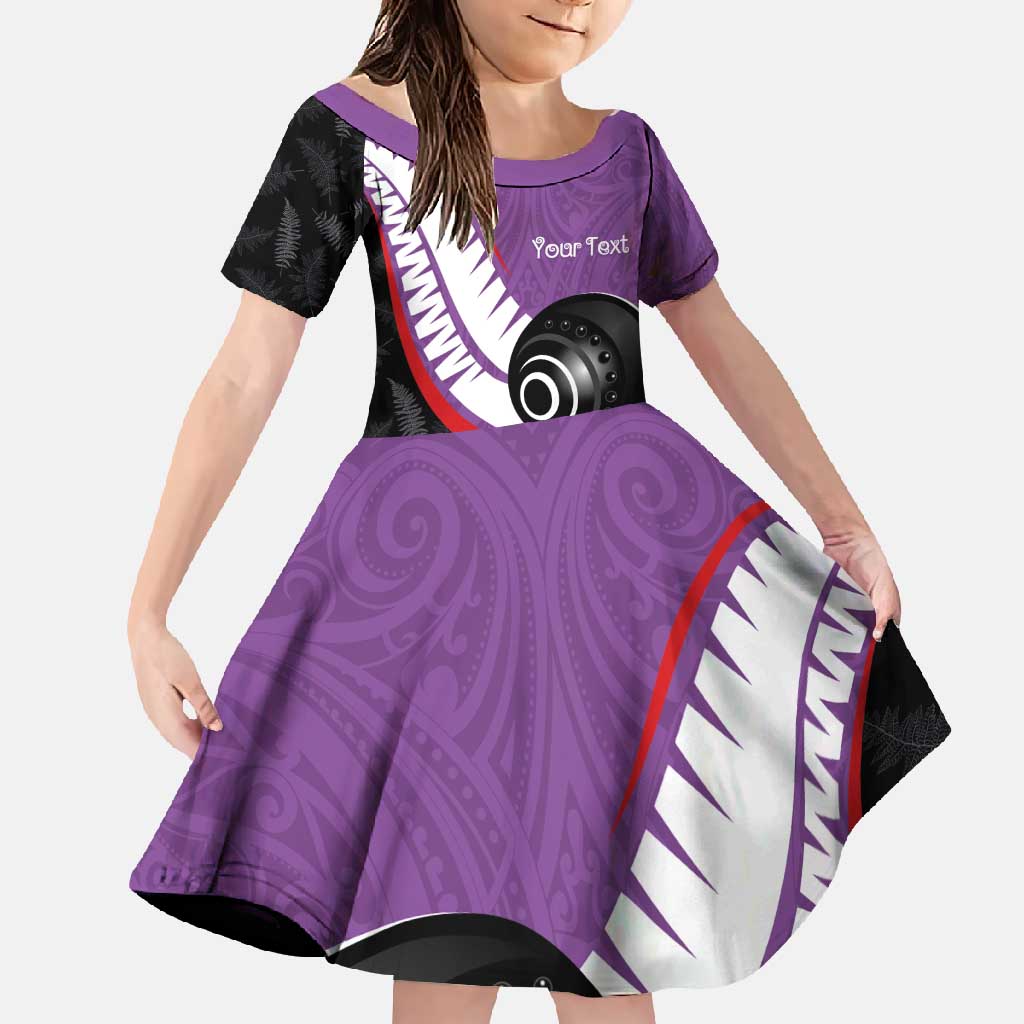 Personalised Aotearoa Lawn Bowls Family Matching Summer Maxi Dress and Hawaiian Shirt Maori and Silver Fern Sporty Style Purple Color LT03 Daughter's Dress Purple - Polynesian Pride