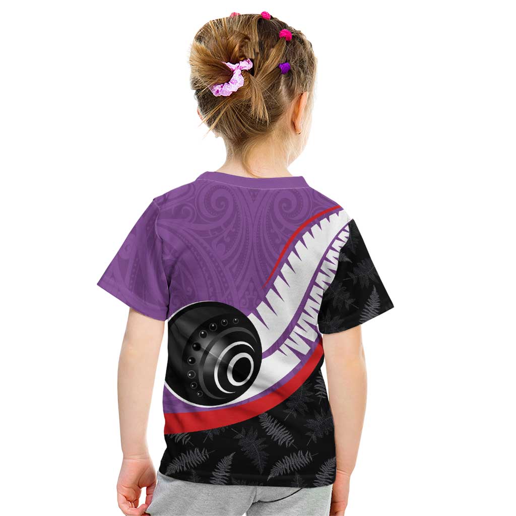 Personalised Aotearoa Lawn Bowls Kid T Shirt Maori and Silver Fern Sporty Style Purple Color LT03 - Polynesian Pride