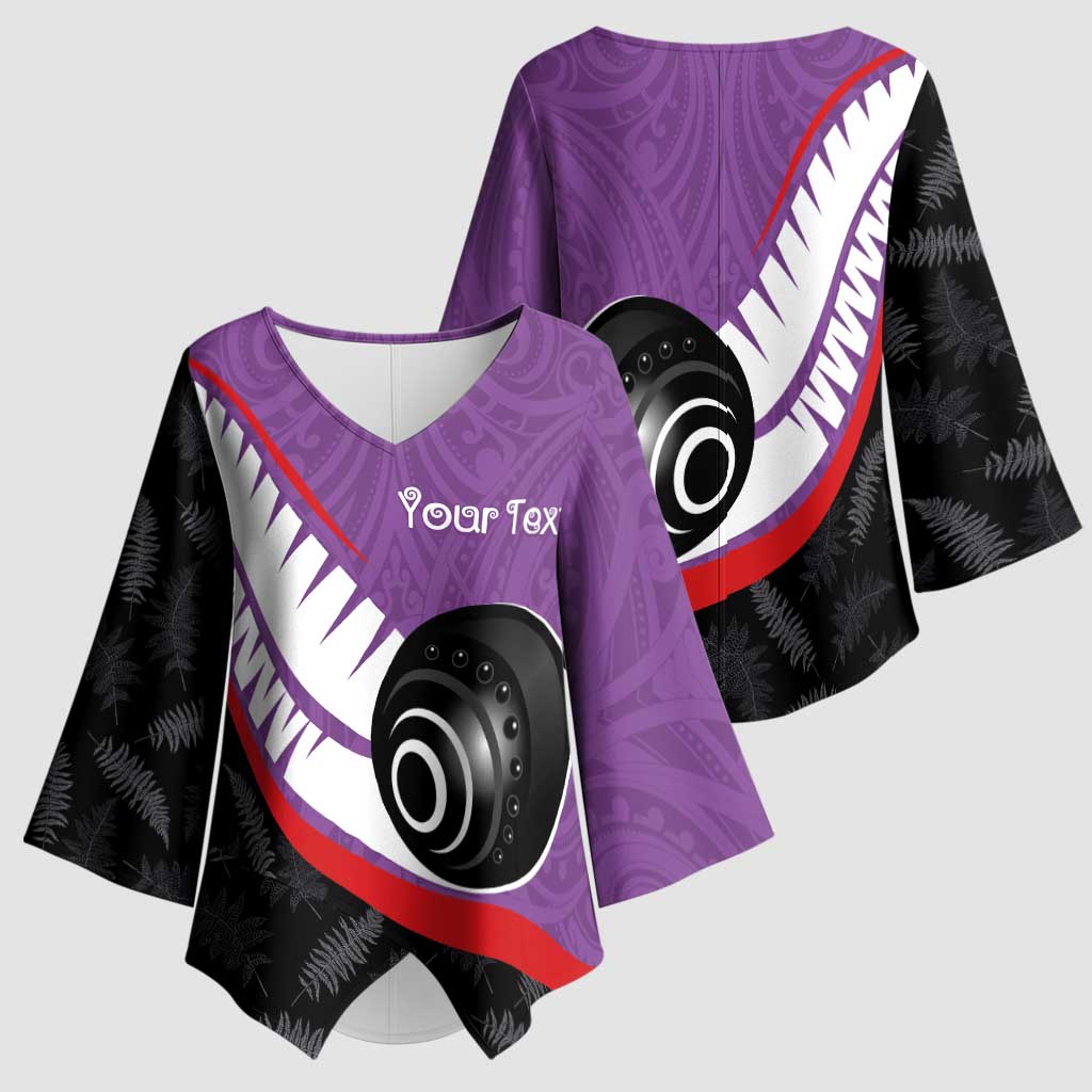 Personalised Aotearoa Lawn Bowls Kimono Sleeve Blouse Maori and Silver Fern Sporty Style Purple Color LT03 - Polynesian Pride