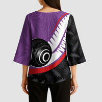 Personalised Aotearoa Lawn Bowls Kimono Sleeve Blouse Maori and Silver Fern Sporty Style Purple Color LT03 - Polynesian Pride