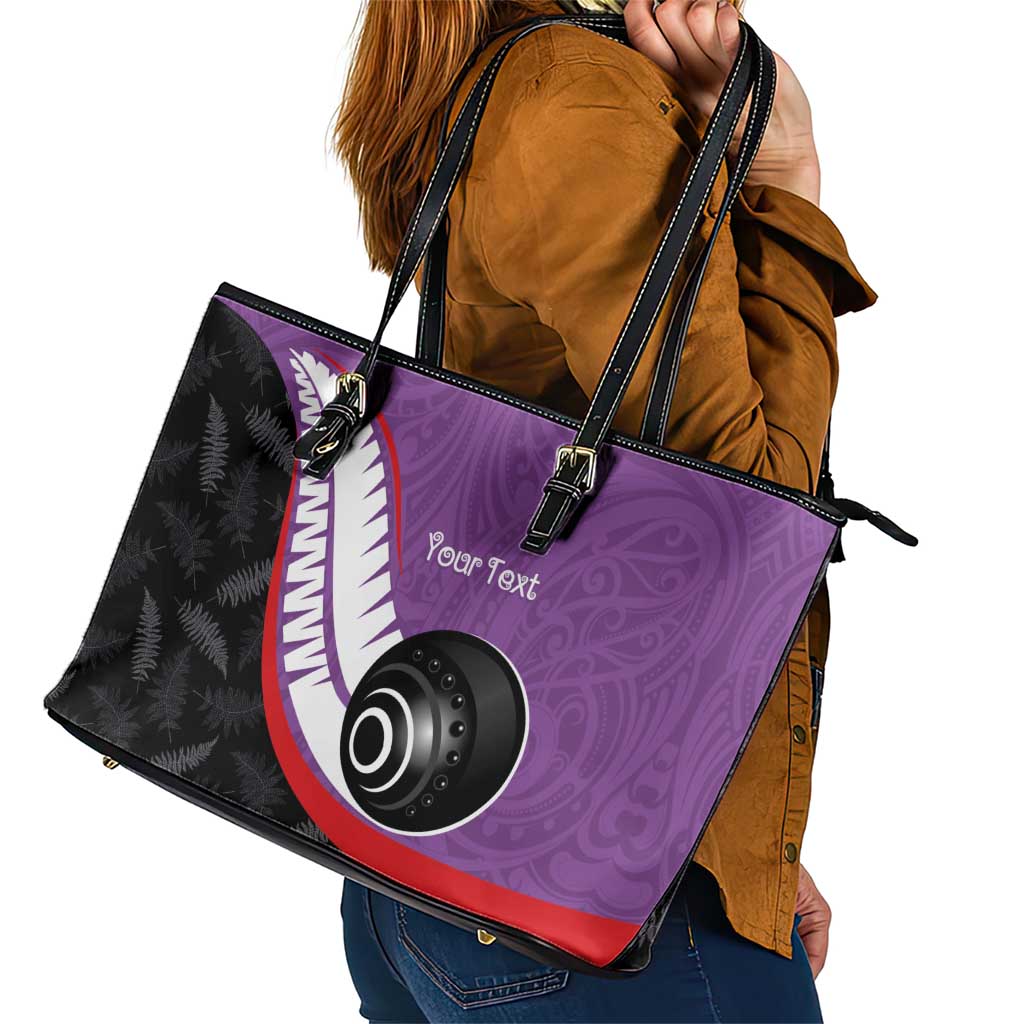 Personalised Aotearoa Lawn Bowls Leather Tote Bag Maori and Silver Fern Sporty Style Purple Color LT03 - Polynesian Pride