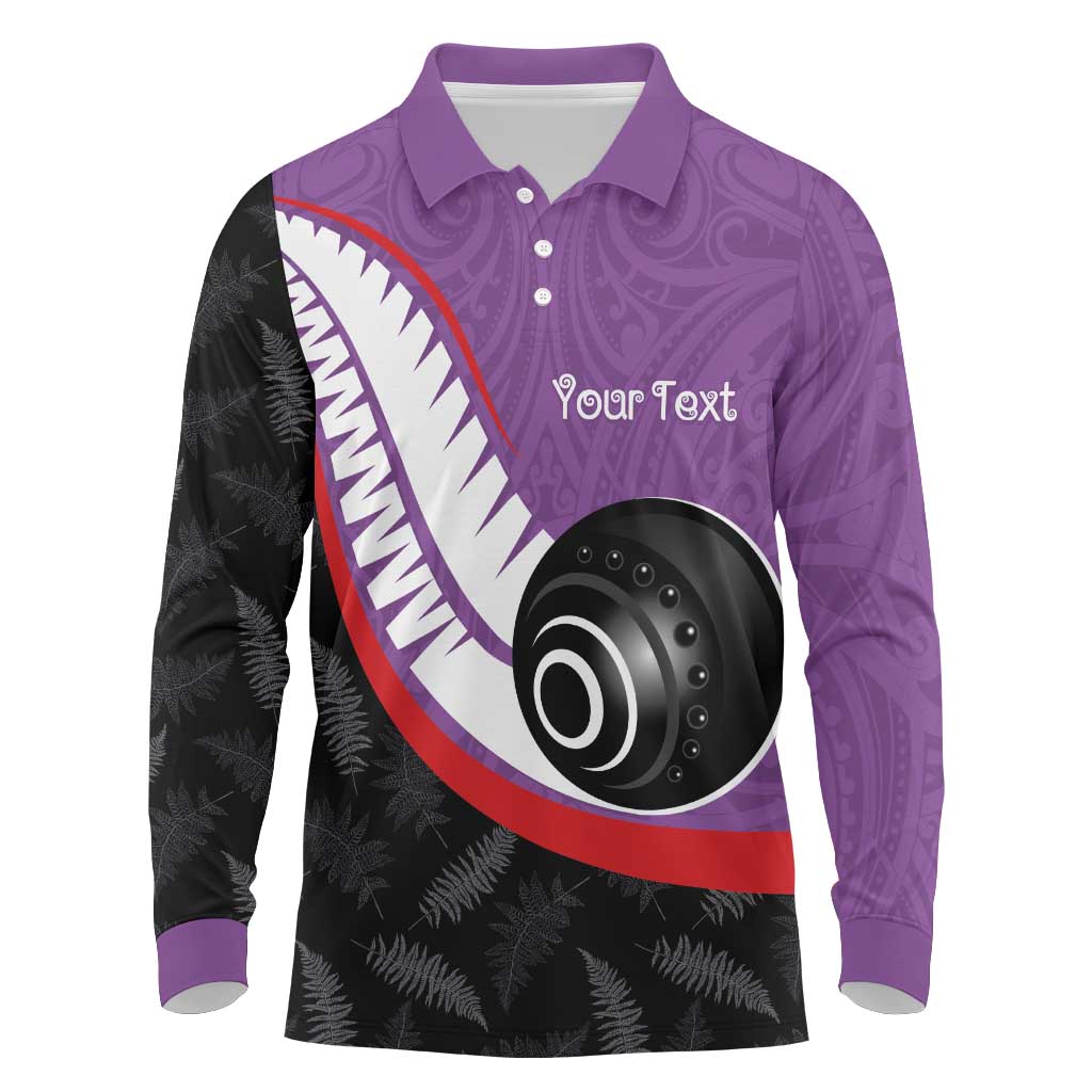 Personalised Aotearoa Lawn Bowls Long Sleeve Polo Shirt Maori and Silver Fern Sporty Style Purple Color LT03 Purple - Polynesian Pride