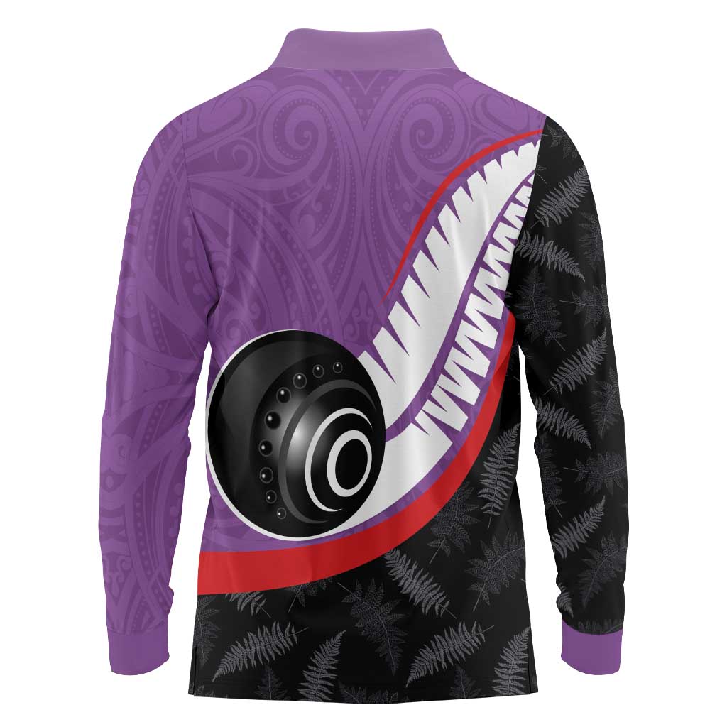 Personalised Aotearoa Lawn Bowls Long Sleeve Polo Shirt Maori and Silver Fern Sporty Style Purple Color LT03 - Polynesian Pride