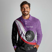 Personalised Aotearoa Lawn Bowls Long Sleeve Polo Shirt Maori and Silver Fern Sporty Style Purple Color LT03 - Polynesian Pride