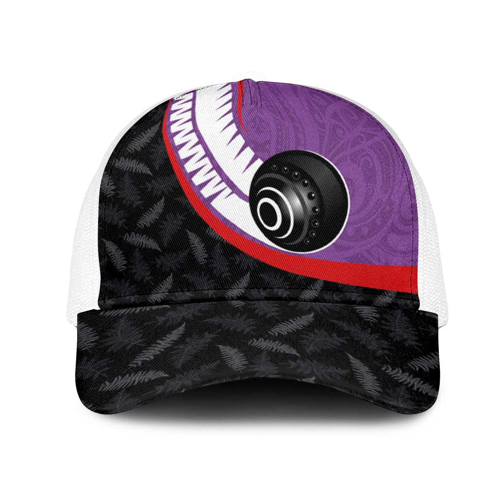 Aotearoa Lawn Bowls Mesh Trucker Cap Maori and Silver Fern Sporty Style Purple Color - Polynesian Pride
