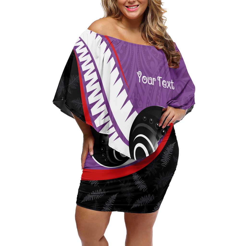 Personalised Aotearoa Lawn Bowls Off Shoulder Short Dress Maori and Silver Fern Sporty Style Purple Color LT03 Women Purple - Polynesian Pride