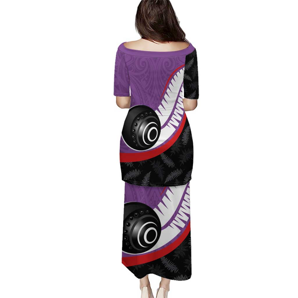 Personalised Aotearoa Lawn Bowls Puletasi Maori and Silver Fern Sporty Style Purple Color - Polynesian Pride