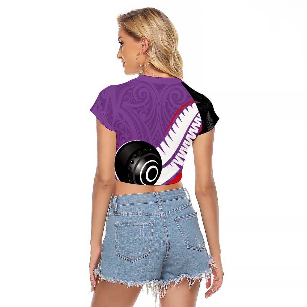 Personalised Aotearoa Lawn Bowls Raglan Cropped T Shirt Maori and Silver Fern Sporty Style Purple Color LT03 - Polynesian Pride
