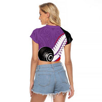 Personalised Aotearoa Lawn Bowls Raglan Cropped T Shirt Maori and Silver Fern Sporty Style Purple Color LT03 - Polynesian Pride
