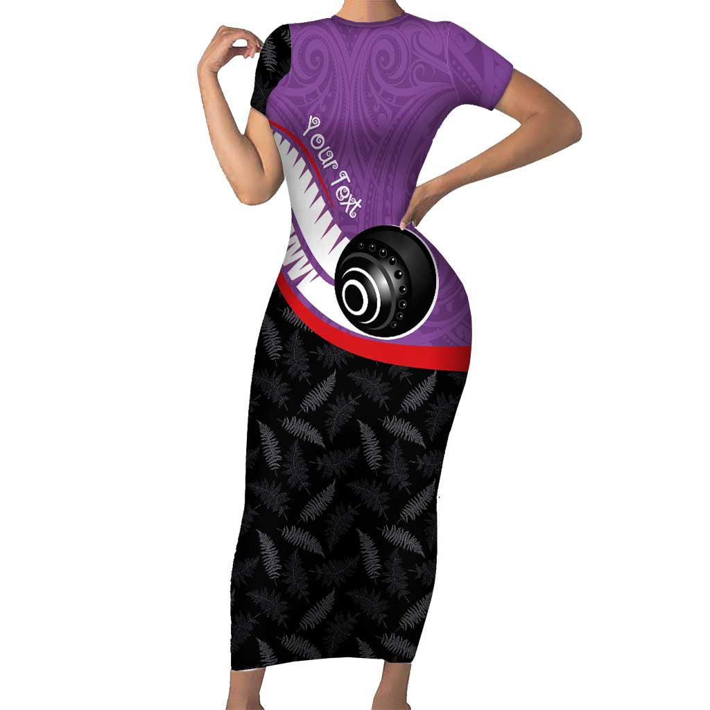 Personalised Aotearoa Lawn Bowls Short Sleeve Bodycon Dress Maori and Silver Fern Sporty Style Purple Color LT03 Long Dress Purple - Polynesian Pride