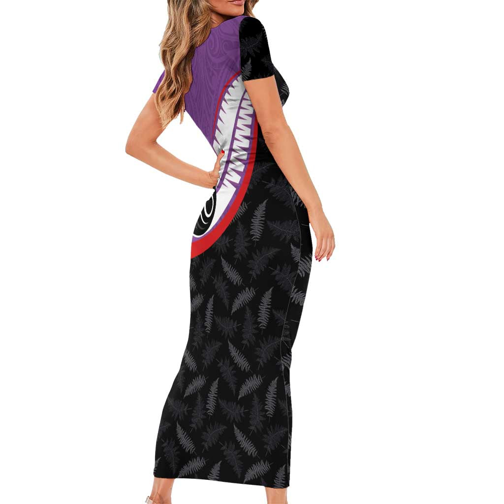 Personalised Aotearoa Lawn Bowls Short Sleeve Bodycon Dress Maori and Silver Fern Sporty Style Purple Color LT03 - Polynesian Pride