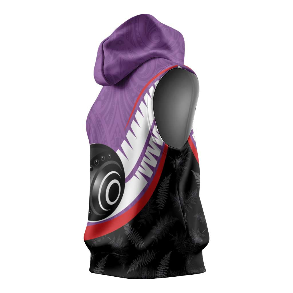Personalised Aotearoa Lawn Bowls Sleeveless Hoodie Maori and Silver Fern Sporty Style Purple Color LT03 - Polynesian Pride