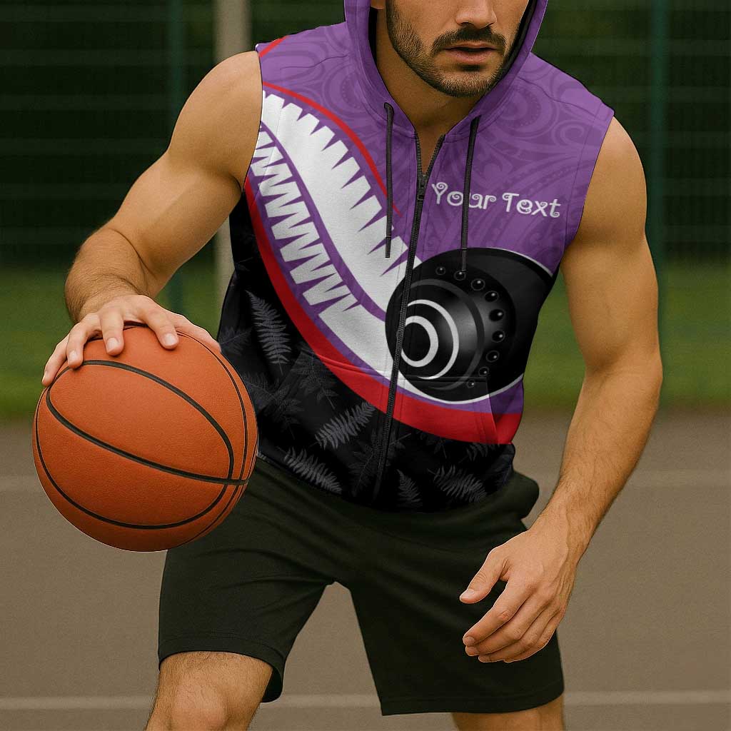 Personalised Aotearoa Lawn Bowls Sleeveless Zip Hoodie Maori and Silver Fern Sporty Style Purple Color LT03 - Polynesian Pride