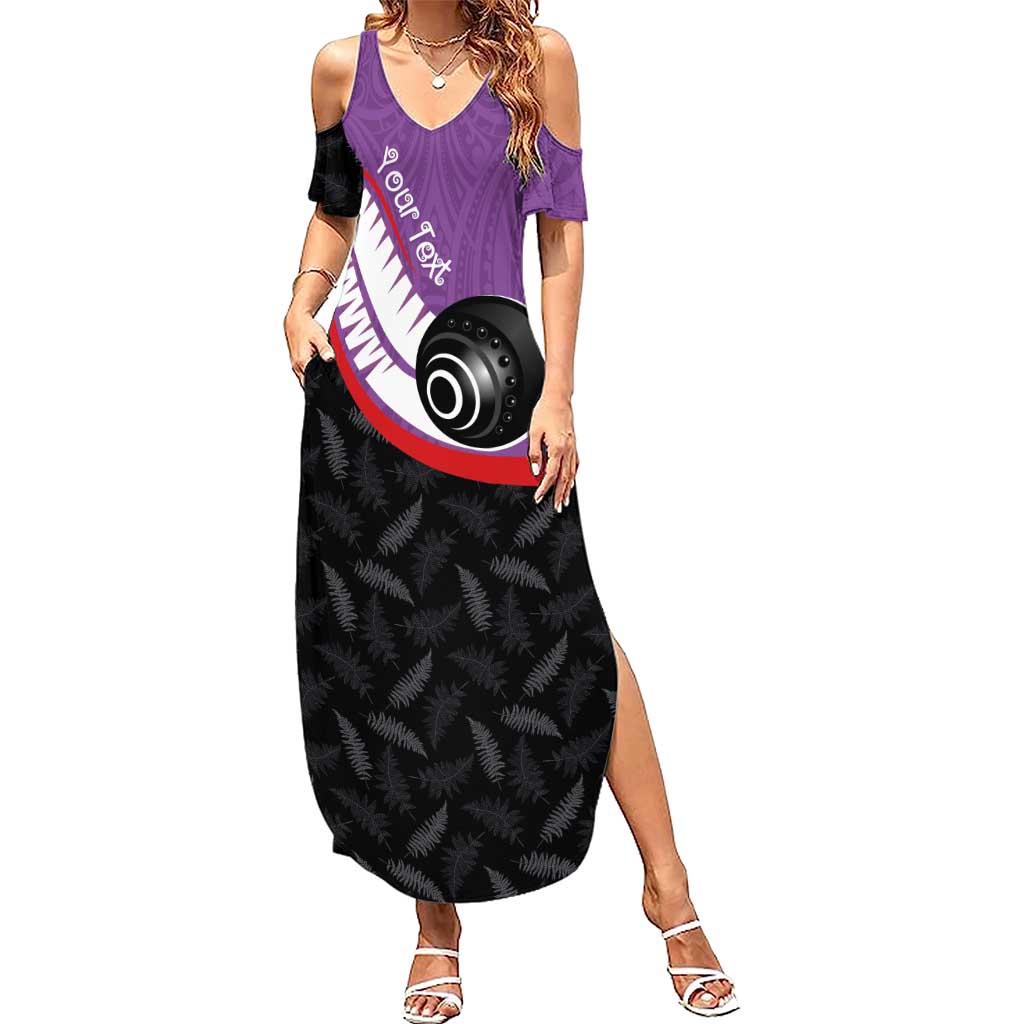 Personalised Aotearoa Lawn Bowls Summer Maxi Dress Maori and Silver Fern Sporty Style Purple Color LT03 Women Purple - Polynesian Pride