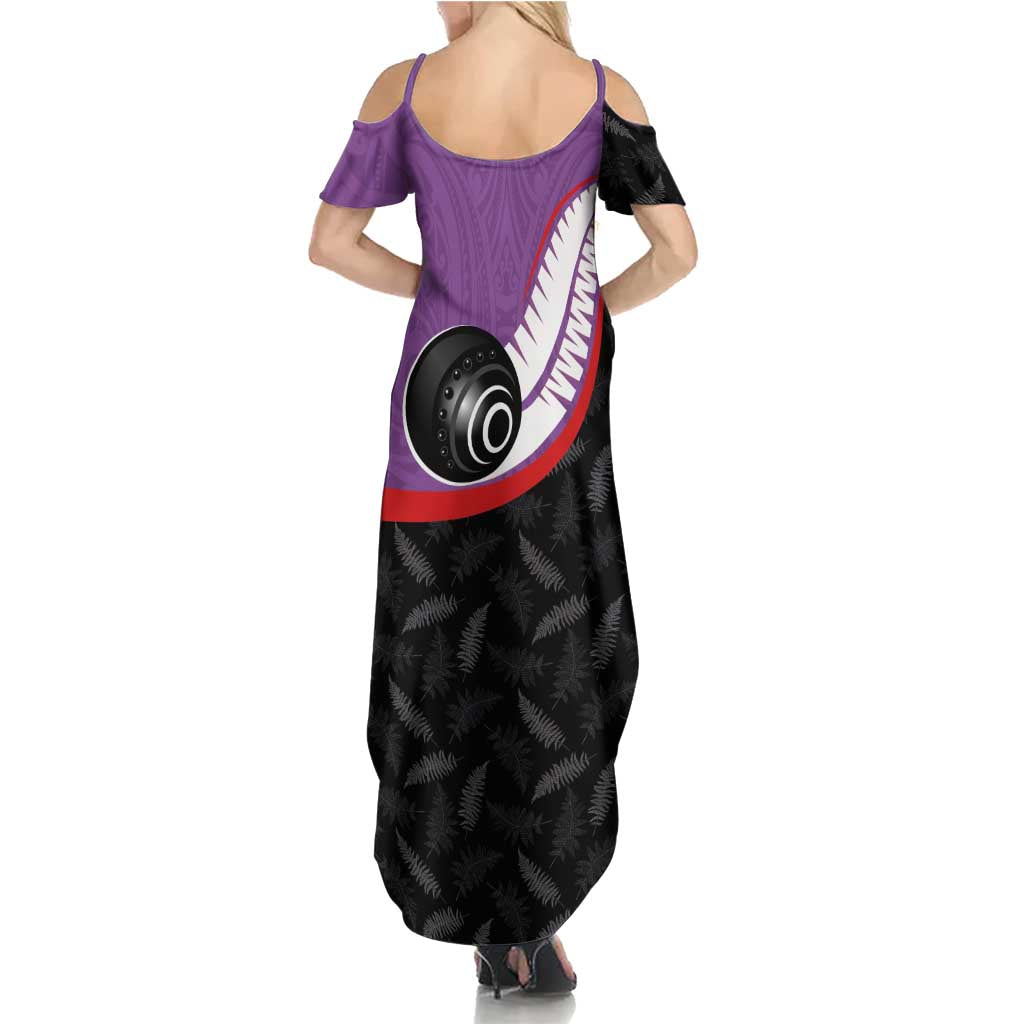 Personalised Aotearoa Lawn Bowls Summer Maxi Dress Maori and Silver Fern Sporty Style Purple Color LT03 - Polynesian Pride