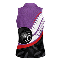 Personalised Aotearoa Lawn Bowls Women Sleeveless Polo Shirt Maori and Silver Fern Sporty Style Purple Color LT03 - Polynesian Pride