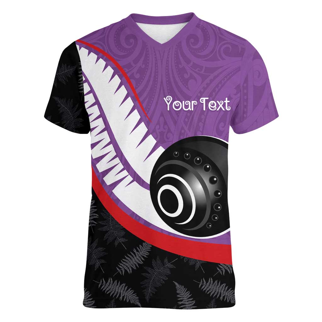 Personalised Aotearoa Lawn Bowls Women V-Neck T-Shirt Maori and Silver Fern Sporty Style Purple Color LT03 Female Purple - Polynesian Pride