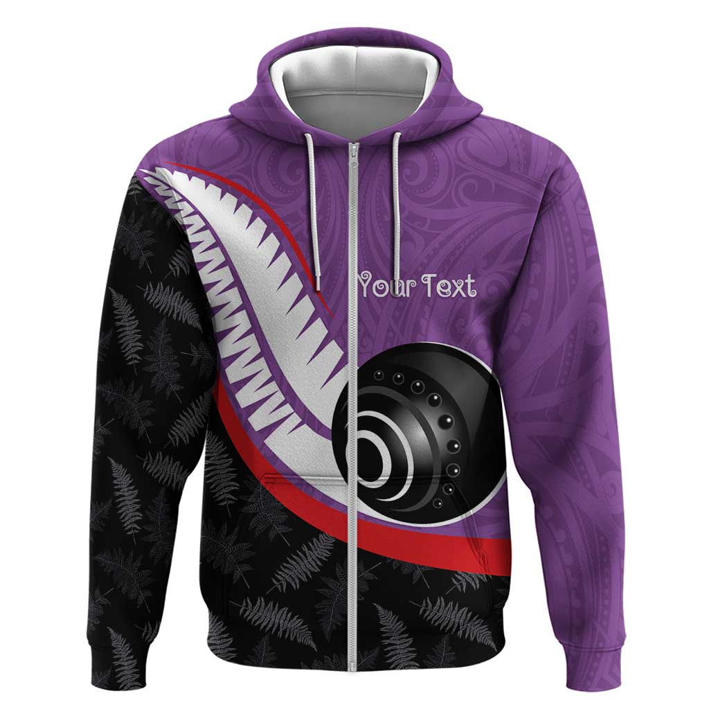 Personalised Aotearoa Lawn Bowls Zip Hoodie Maori and Silver Fern Sporty Style Purple Color LT03 Zip Hoodie Purple - Polynesian Pride