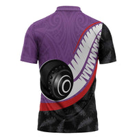 Personalised Aotearoa Lawn Bowls Zipper Polo Shirt Maori and Silver Fern Sporty Style Purple Color LT03 - Polynesian Pride