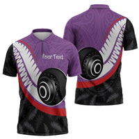 Personalised Aotearoa Lawn Bowls Zipper Polo Shirt Maori and Silver Fern Sporty Style Purple Color LT03 - Polynesian Pride