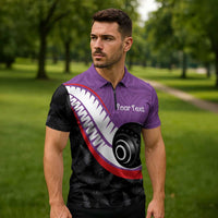 Personalised Aotearoa Lawn Bowls Zipper Polo Shirt Maori and Silver Fern Sporty Style Purple Color LT03 - Polynesian Pride