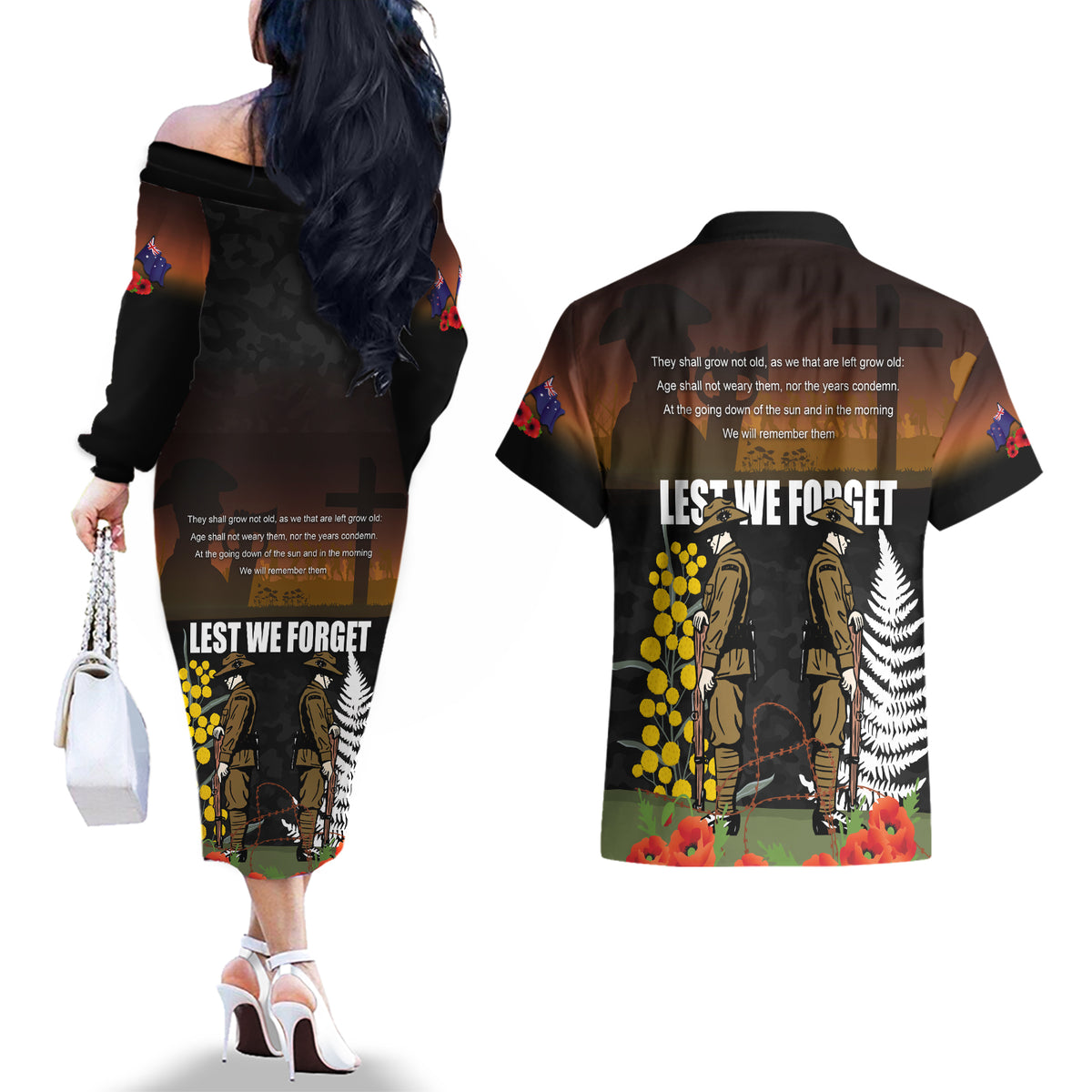 New Zealand and Australia ANZAC Day Couples Matching Off The Shoulder Long Sleeve Dress and Hawaiian Shirt Soldier and Last Post Camouflage Pattern LT03 - Polynesian Pride