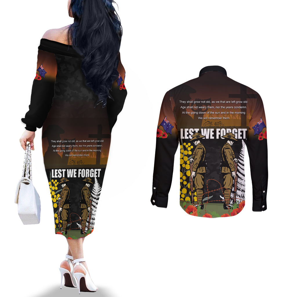 New Zealand and Australia ANZAC Day Couples Matching Off The Shoulder Long Sleeve Dress and Long Sleeve Button Shirt Soldier and Last Post Camouflage Pattern LT03 - Polynesian Pride