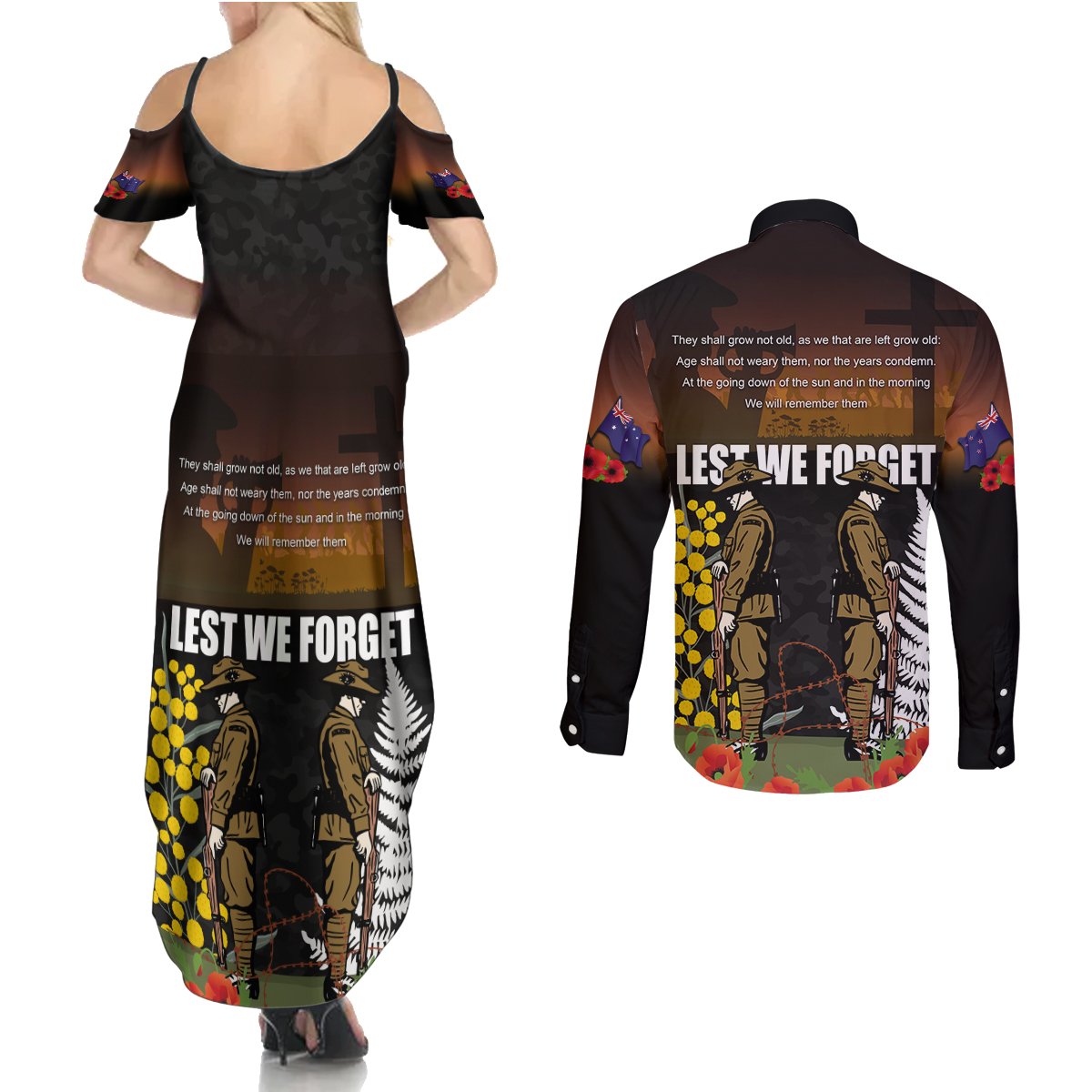 New Zealand and Australia ANZAC Day Couples Matching Summer Maxi Dress and Long Sleeve Button Shirt Soldier and Last Post Camouflage Pattern LT03 - Polynesian Pride