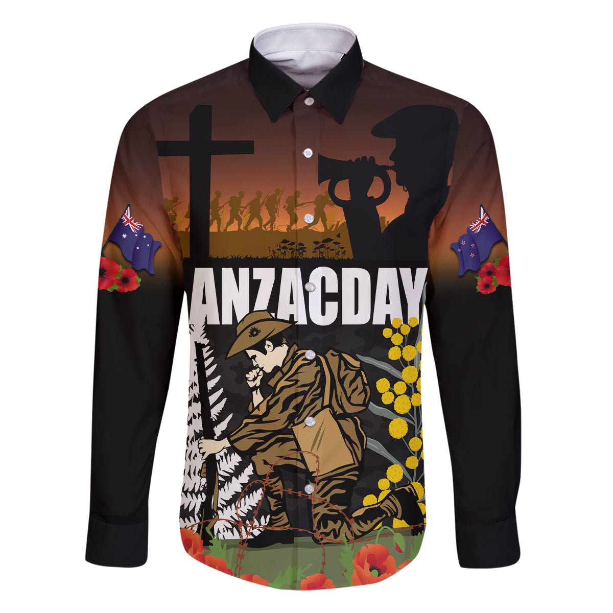 New Zealand and Australia ANZAC Day Family Matching Tank Maxi Dress and Hawaiian Shirt Soldier and Last Post Camouflage Pattern LT03 Dad's Shirt - Long Sleeve Black - Polynesian Pride