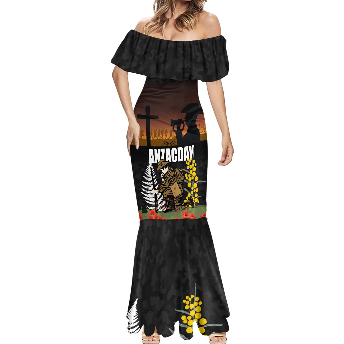 New Zealand and Australia ANZAC Day Mermaid Dress Soldier and Last Post Camouflage Pattern LT03 - Polynesian Pride