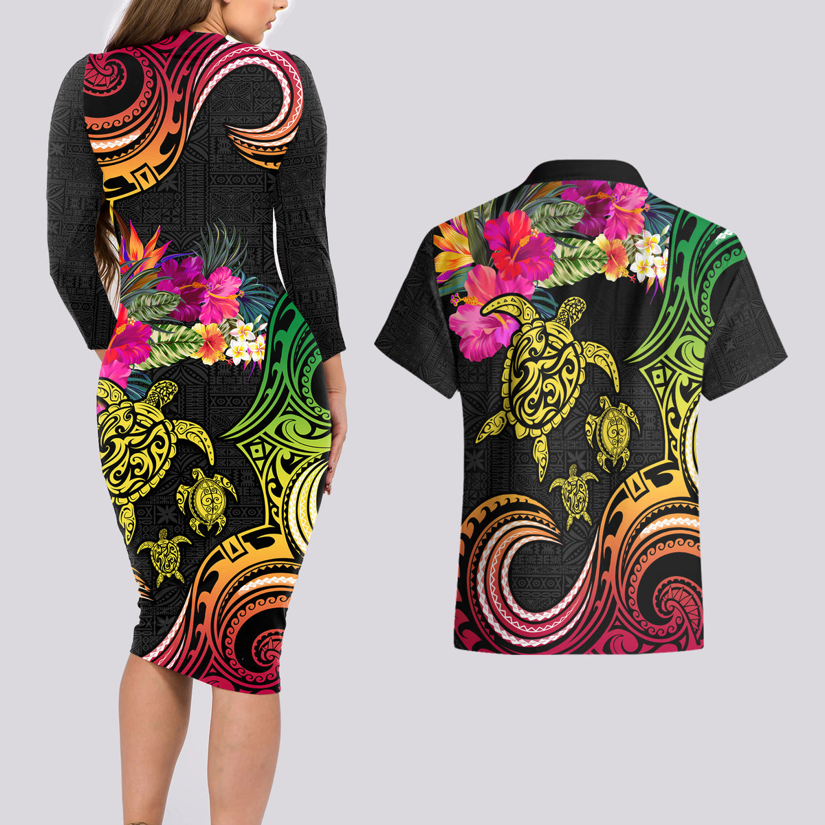 Hawaii Turtle Day Couples Matching Long Sleeve Bodycon Dress and Hawaiian Shirt Polynesian Tattoo and Hibiscus Flowers LT03 - Polynesian Pride