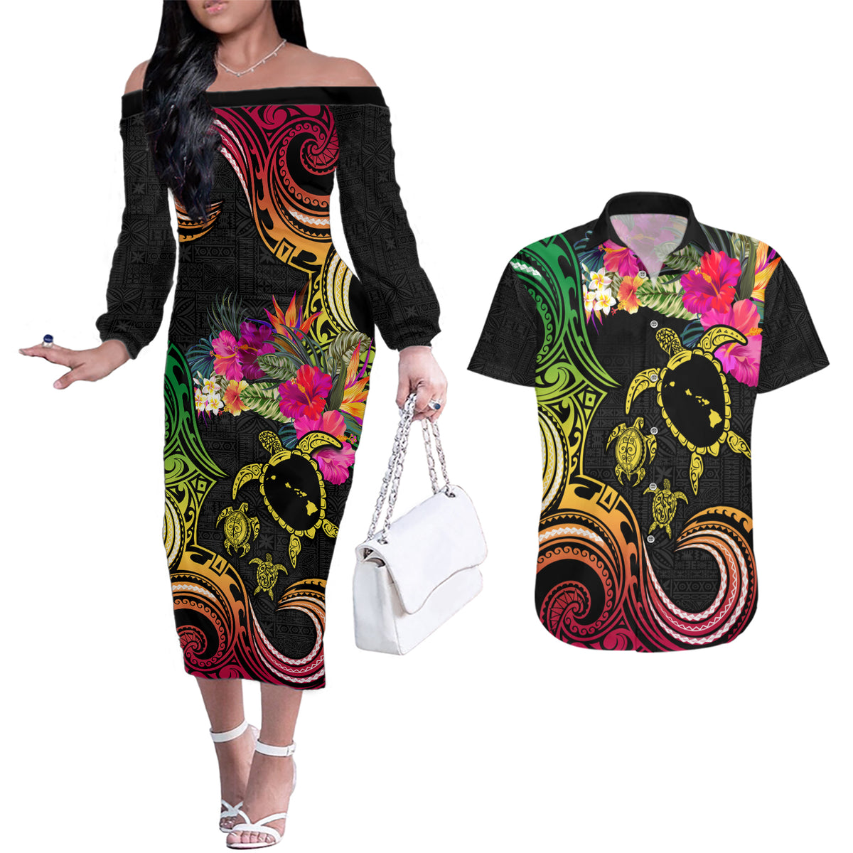 Hawaii Turtle Day Couples Matching Off The Shoulder Long Sleeve Dress and Hawaiian Shirt Polynesian Tattoo and Hibiscus Flowers LT03 Black - Polynesian Pride