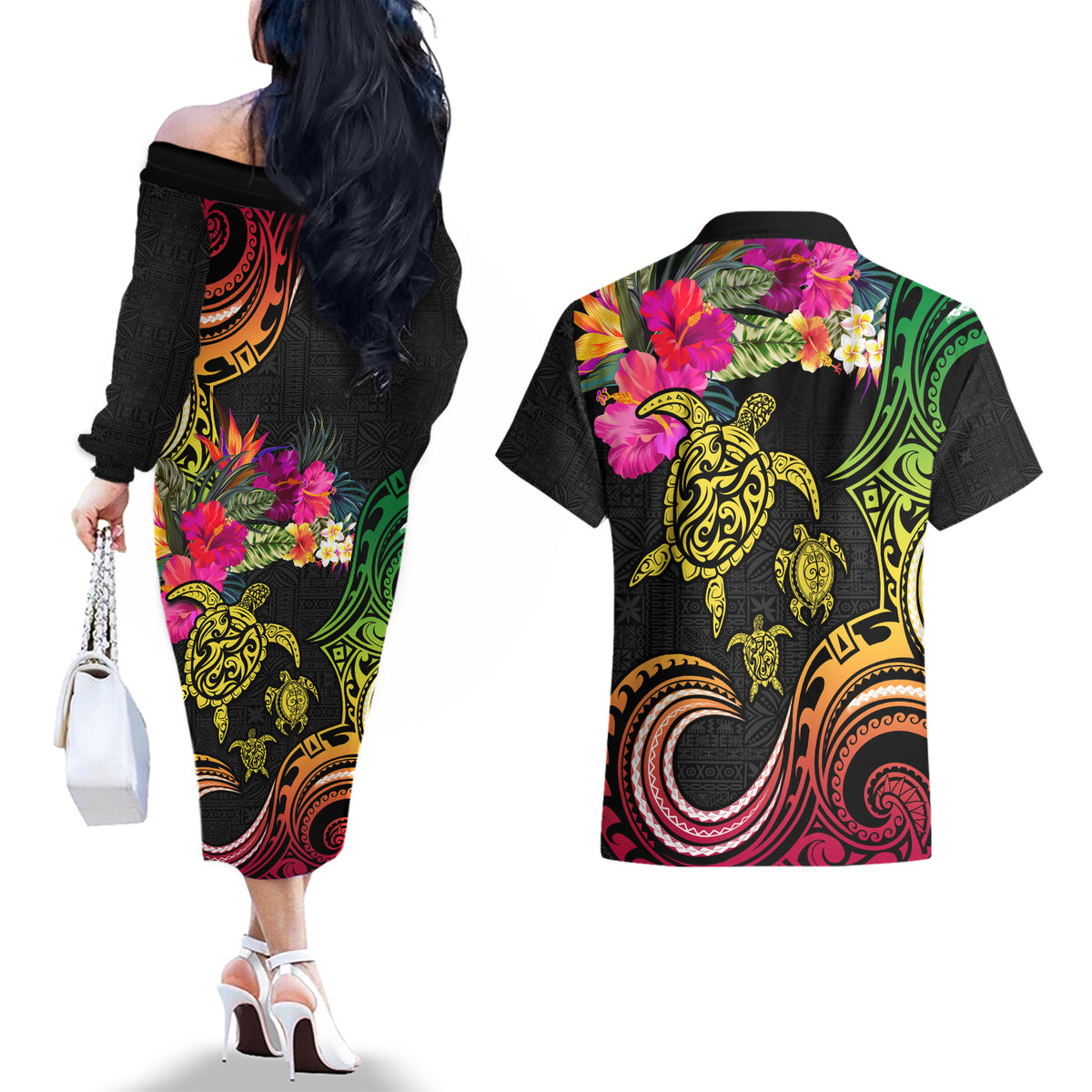 Hawaii Turtle Day Couples Matching Off The Shoulder Long Sleeve Dress and Hawaiian Shirt Polynesian Tattoo and Hibiscus Flowers LT03 - Polynesian Pride