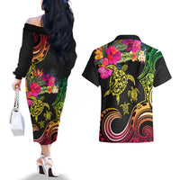 Hawaii Turtle Day Couples Matching Off The Shoulder Long Sleeve Dress and Hawaiian Shirt Polynesian Tattoo and Hibiscus Flowers LT03 - Polynesian Pride