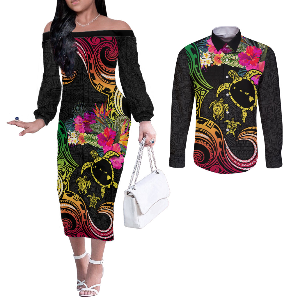 Hawaii Turtle Day Couples Matching Off The Shoulder Long Sleeve Dress and Long Sleeve Button Shirt Polynesian Tattoo and Hibiscus Flowers