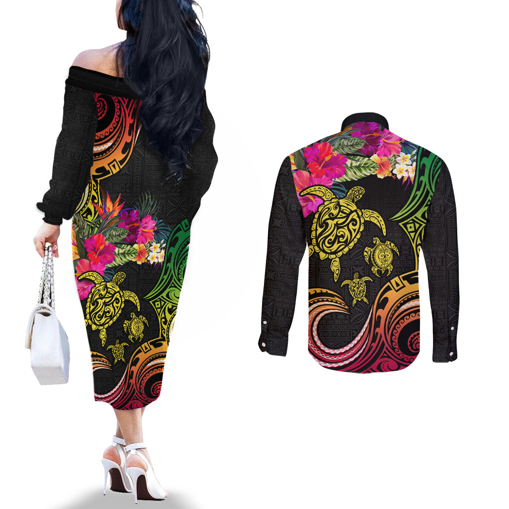 Hawaii Turtle Day Couples Matching Off The Shoulder Long Sleeve Dress and Long Sleeve Button Shirt Polynesian Tattoo and Hibiscus Flowers