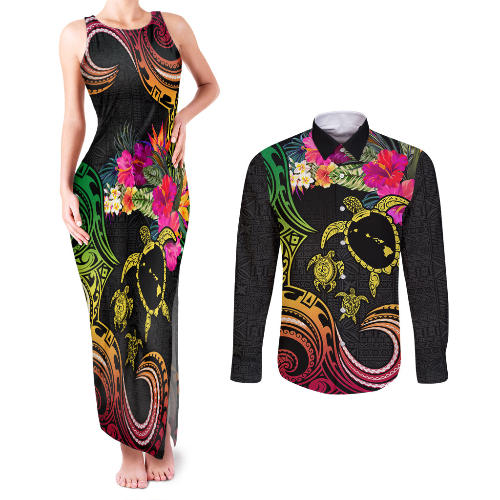Hawaii Turtle Day Couples Matching Tank Maxi Dress and Long Sleeve Button Shirt Polynesian Tattoo and Hibiscus Flowers