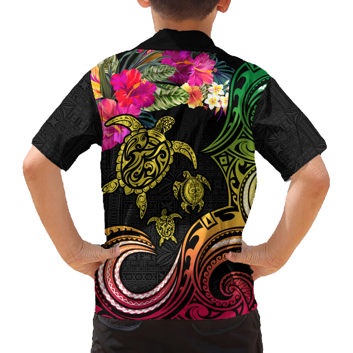 Hawaii Turtle Day Family Matching Long Sleeve Bodycon Dress and Hawaiian Shirt Polynesian Tattoo and Hibiscus Flowers LT03 - Polynesian Pride