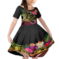 Hawaii Turtle Day Family Matching Mermaid Dress and Hawaiian Shirt Polynesian Tattoo and Hibiscus Flowers LT03 Daughter's Dress Black - Polynesian Pride