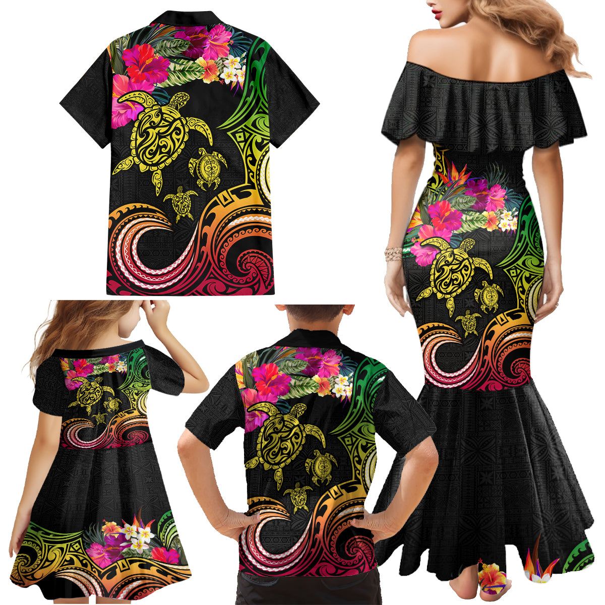 Hawaii Turtle Day Family Matching Mermaid Dress and Hawaiian Shirt Polynesian Tattoo and Hibiscus Flowers LT03 - Polynesian Pride