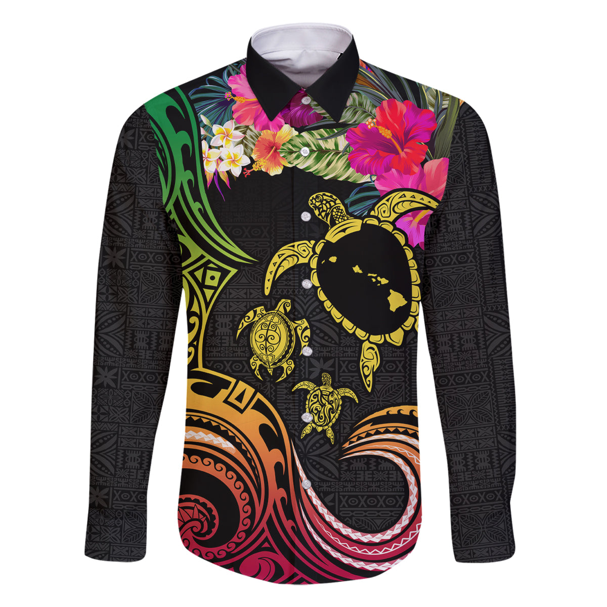 Hawaii Turtle Day Family Matching Mermaid Dress and Hawaiian Shirt Polynesian Tattoo and Hibiscus Flowers LT03 Dad's Shirt - Long Sleeve Black - Polynesian Pride